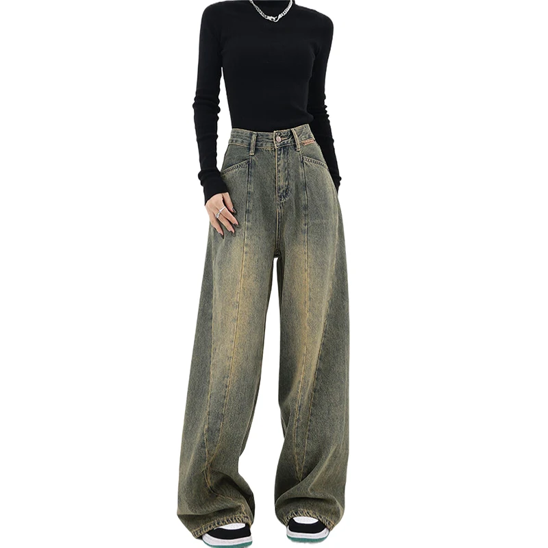 Jeans larghi da donna Y2K High Street Boyfriend Pants Retro Distressed Jeans a gamba dritta pantaloni da pavimento 2024 Summer Street