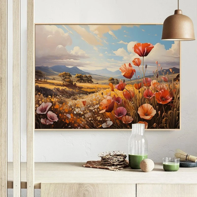 Wildflower Sunflower Field Landscape Canvas Painting Print Vintage Art Mountain House Poster Print Country Wall Art Home Decor
