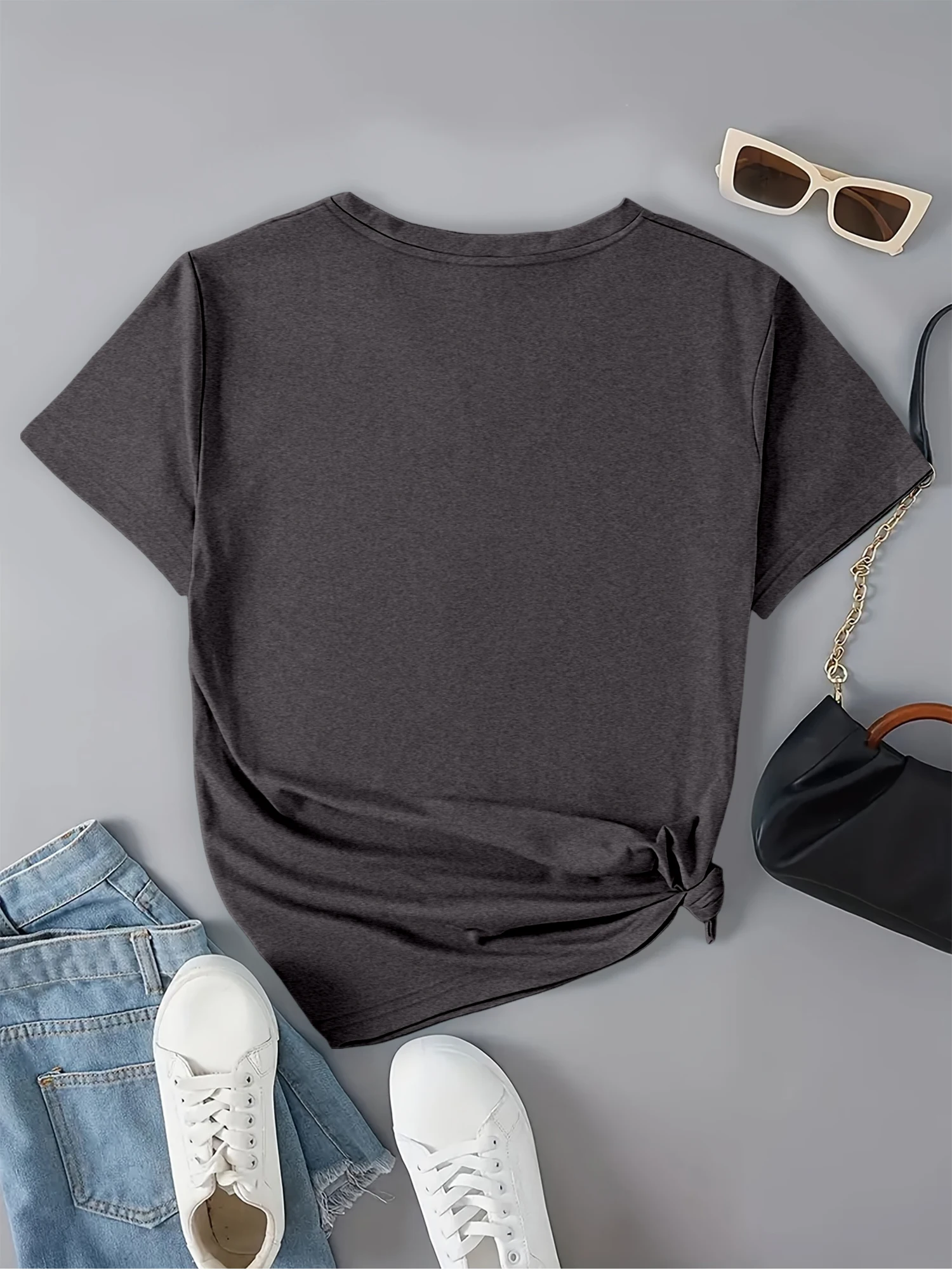 オーバーサイズ Vネック 半袖 Tシャツ - レディース カーブヘムトップ、柔らかく伸縮性のある生地、透けにくい、デイリーウェアに最適