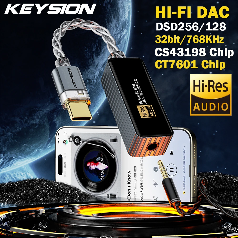 KEYSION 768kHz DSD256 CS43198+CT7601 USB DAC Audio HiFi Decoder Headphone Amplifier Type-C To 3.5mm for iOS Mac Win10 Android