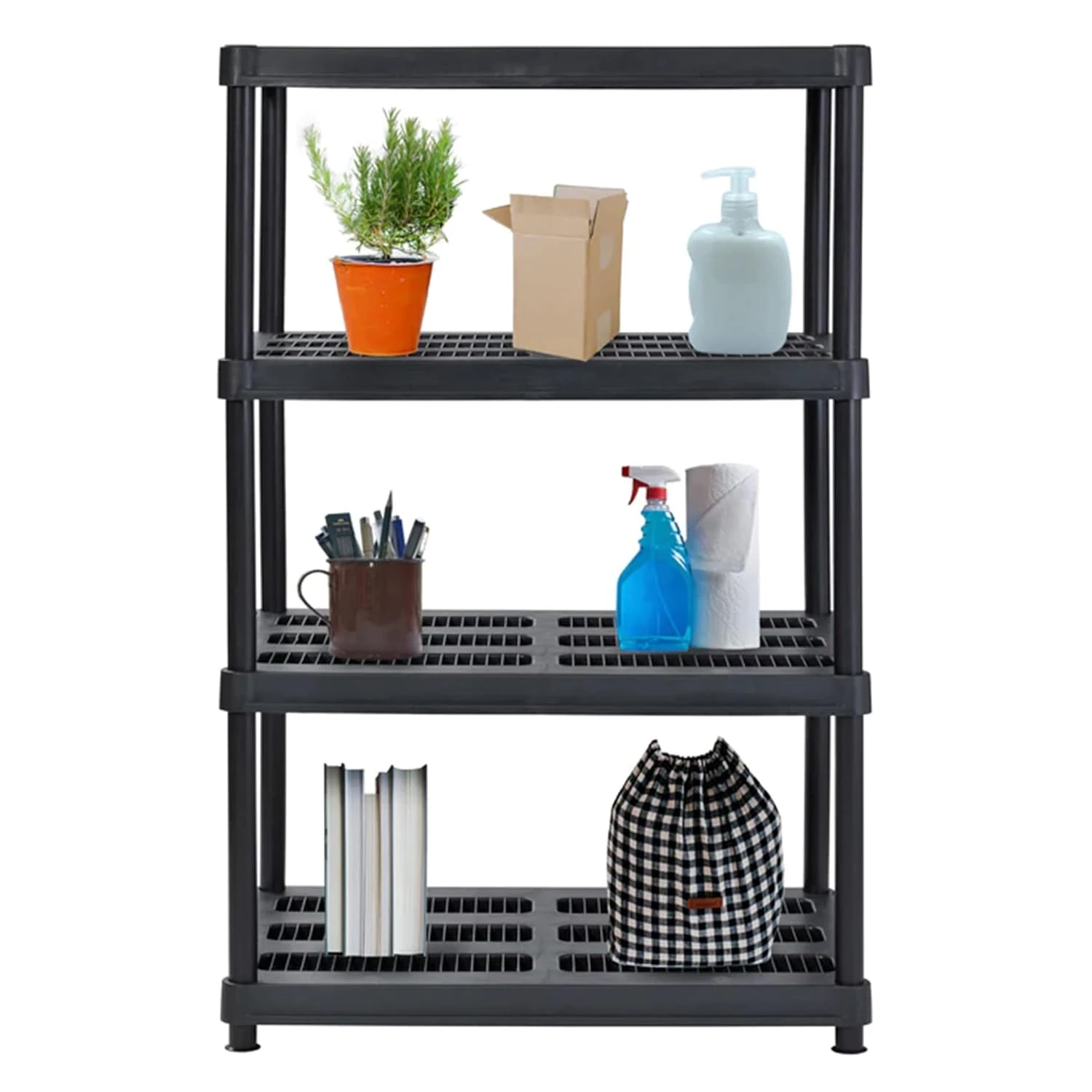 

4-Tier Utility Shelving Unit, 56 In. Ventilated Design Standalone for Warehouse, Laundry Room, Garage, Pantry, Black Bag holder