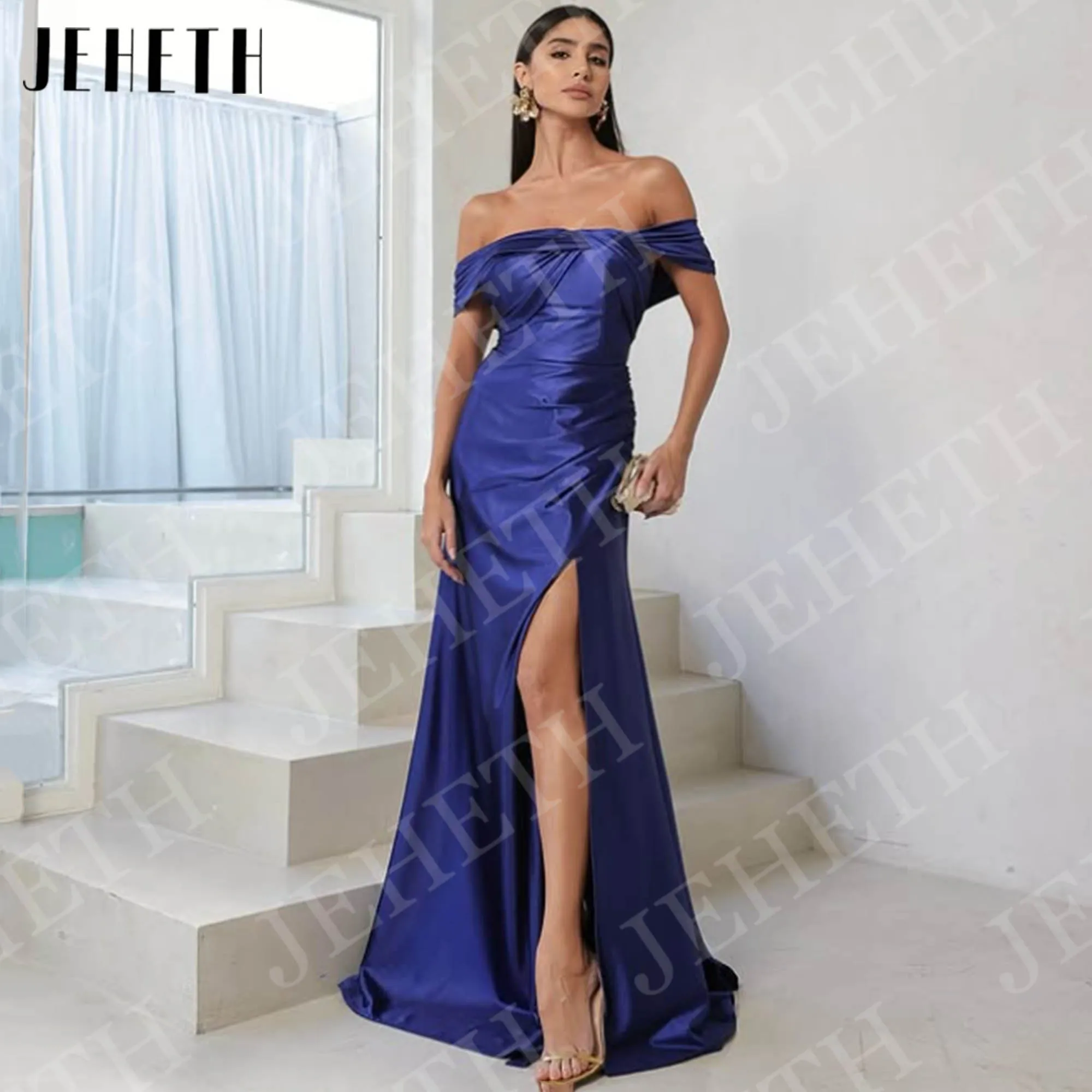

JEHETH Elegant Satin Evening Dresses Off Shoulder High Slit Ruched Mermaid Formal Party Dress Woman Customized vestidos de noche