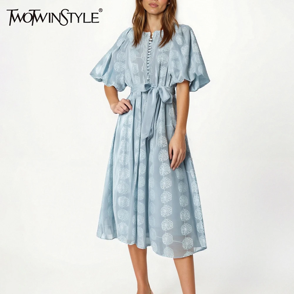 

TWOTWINSTYLE Solid Spliced Printing Elegant Dresses for Women Round Neck Half Sleees Patchwork Lace Up Dress Female Clothing New