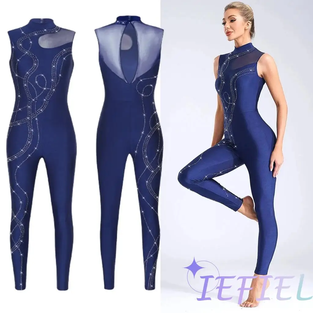 

Women Shiny Rhinestones Rhythmic Gymnastics Athletic Leotard Patchwork Ballet Gymnastics Figure Skating Unitard Latin Dancewear