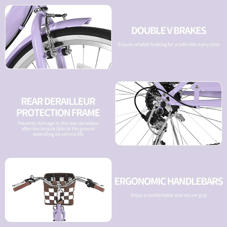 دراجة كروزر للشاطئ قابلة للطي للنساء مقاس 24/26 بوصة 7 سرعات للتنقل مع سلة خفيفة الوزن للبالغين والنساء لشركة City Co #4