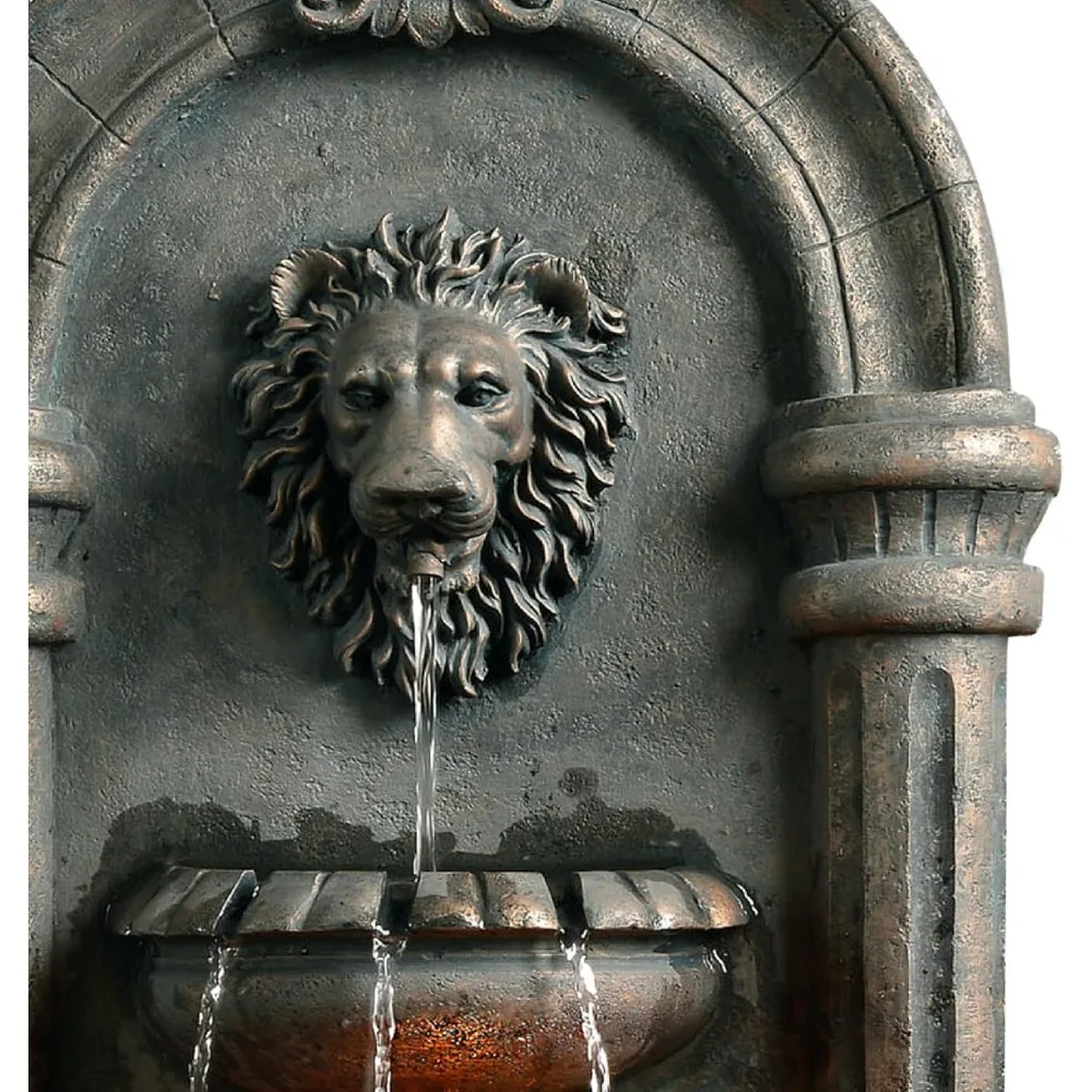 32.1 in. Wall-Mounted Lion Head Stone LED Outdoor Water Fountain for Gardens, Landscaping, Patios, Balconies, Lawns to Create