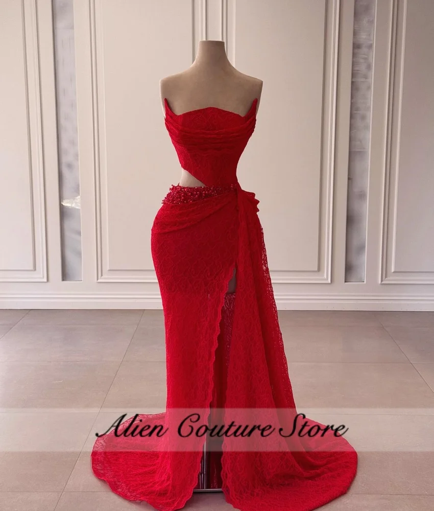 Encantador vestido de fiesta largo de encaje rojo, vestidos de fiesta elegantes, vestido de noche con perlas y cuentas, vestido de cumpleaños con abertura lateral personalizado 2024