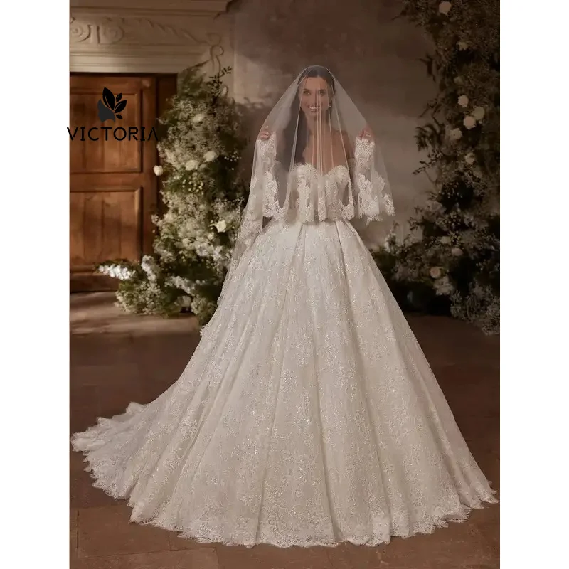 Luxury Lace Ball Gown Wedding Dress Off Shoulder Long Sleeve Bridal Gown Elegant Princess Dress Vestidos Customized
