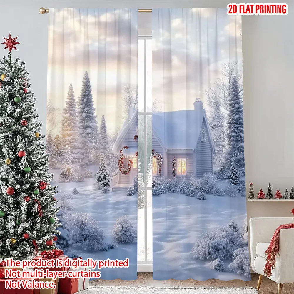 

2pcs 2D flat printing Christmas Scene Curtain Hut and Snow Versatile Polyester Fabric Without Electricity Festive Wall Decor Use