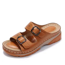 Zapatos de punta cerrada para mujer, con doble hebilla Sandalias cómodas de cuña, zapatillas informales de plataforma de talla grande, novedad de verano, 2022