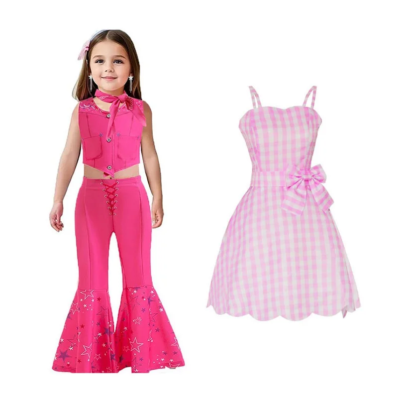 Girls Barbie Cosplay Costume Vest Tops Pants Scarf Suit for Kids Girls Birthday Party Plaid Dress Halloween Stage Costume Gifts