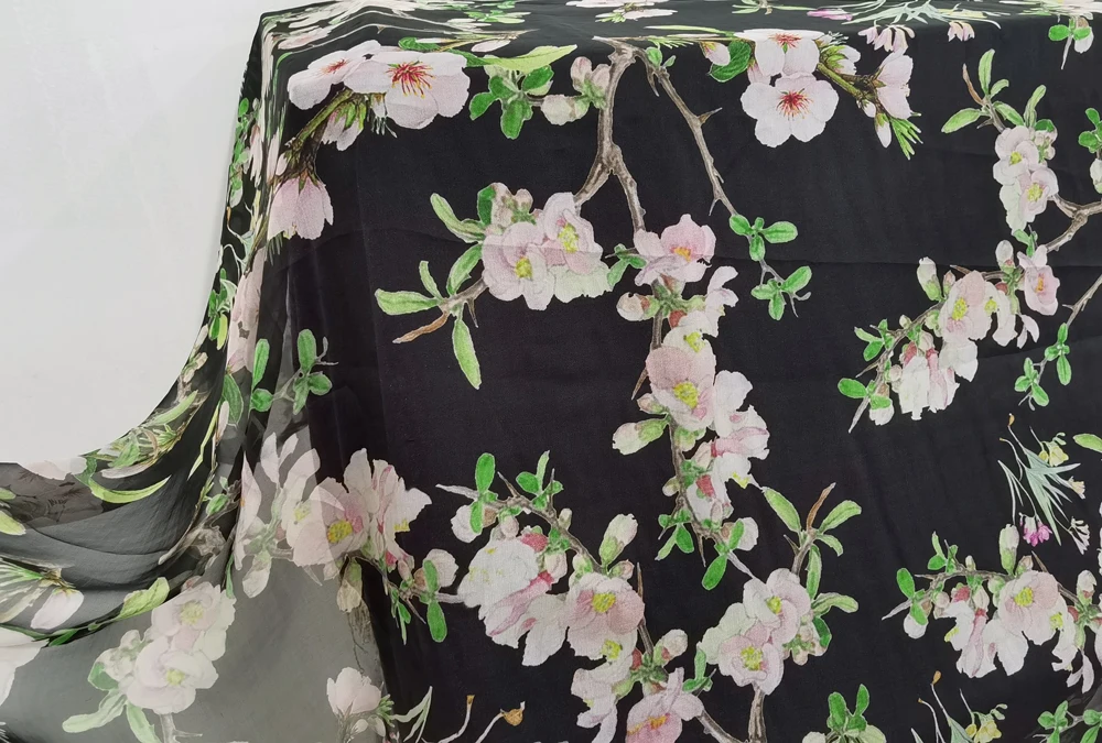 1 meter X 1.34 meter 100% Mulberry Silk Chiffon Fabric Black Pink Floral