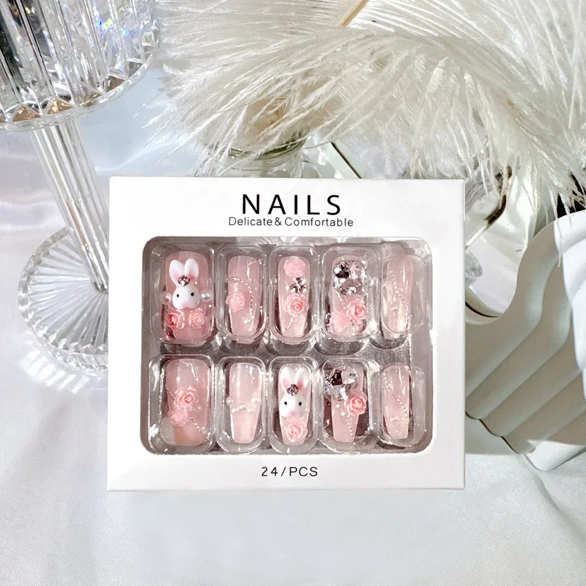 24PCS Fake Nails 3D Rabbit Star Rhinestone Designs White Blue Color Press on Nails Ballerina False Nails for Women DIY Manicure