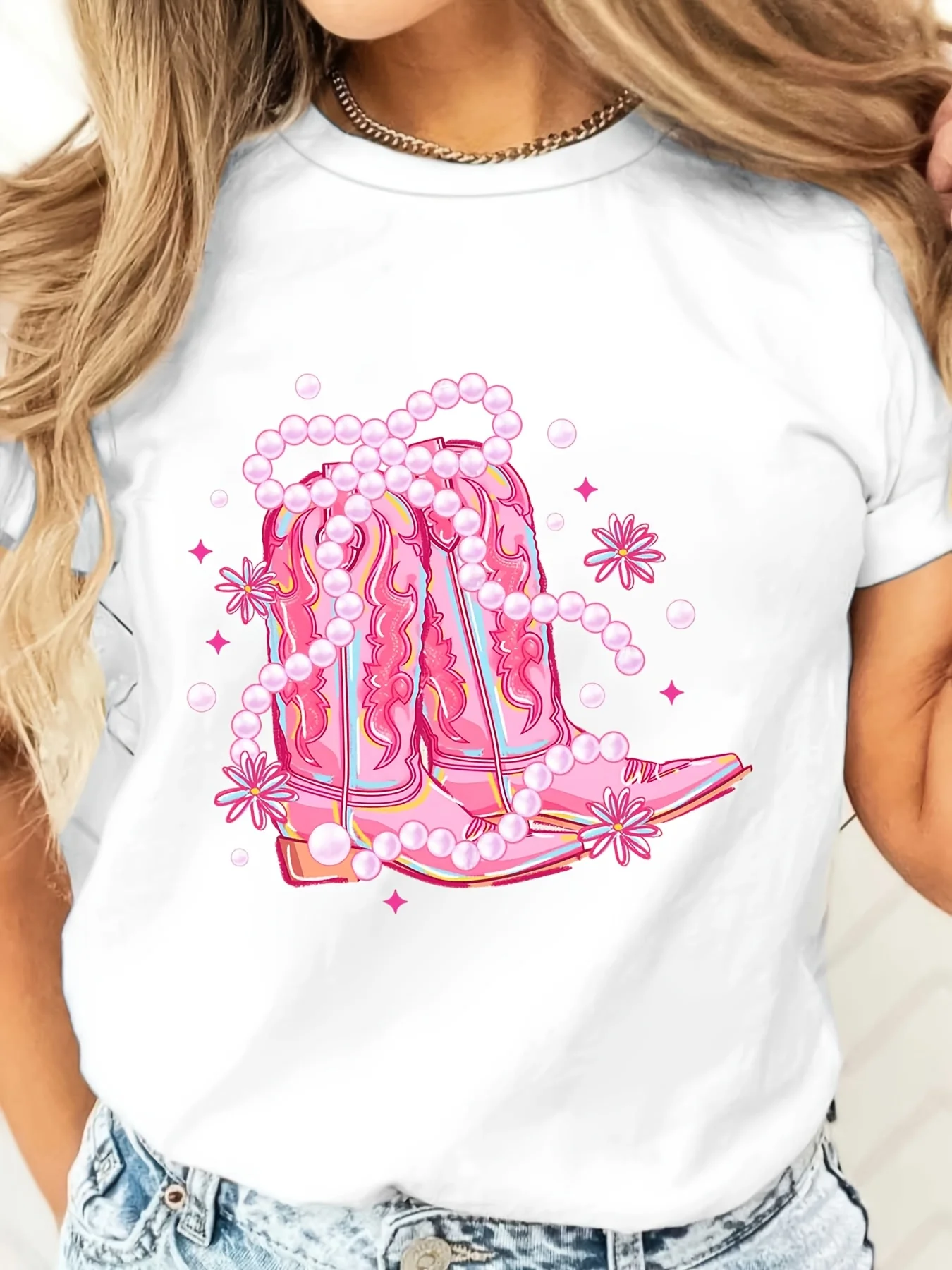 Pink Pink Cowboy Boots Pearls Flowers Graphic T-Shirt, Western Y2K Aesthetic Top, Festival Party Casual Wear - Aliexpress Deal