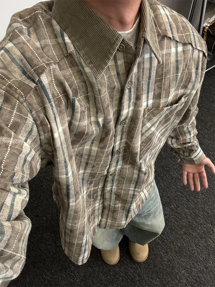 

Plaid Long Sve Men's irt Khaki Heavy Work American Retro Design Spring Autumn Outerwear Jaet Youth Faion Casual irt