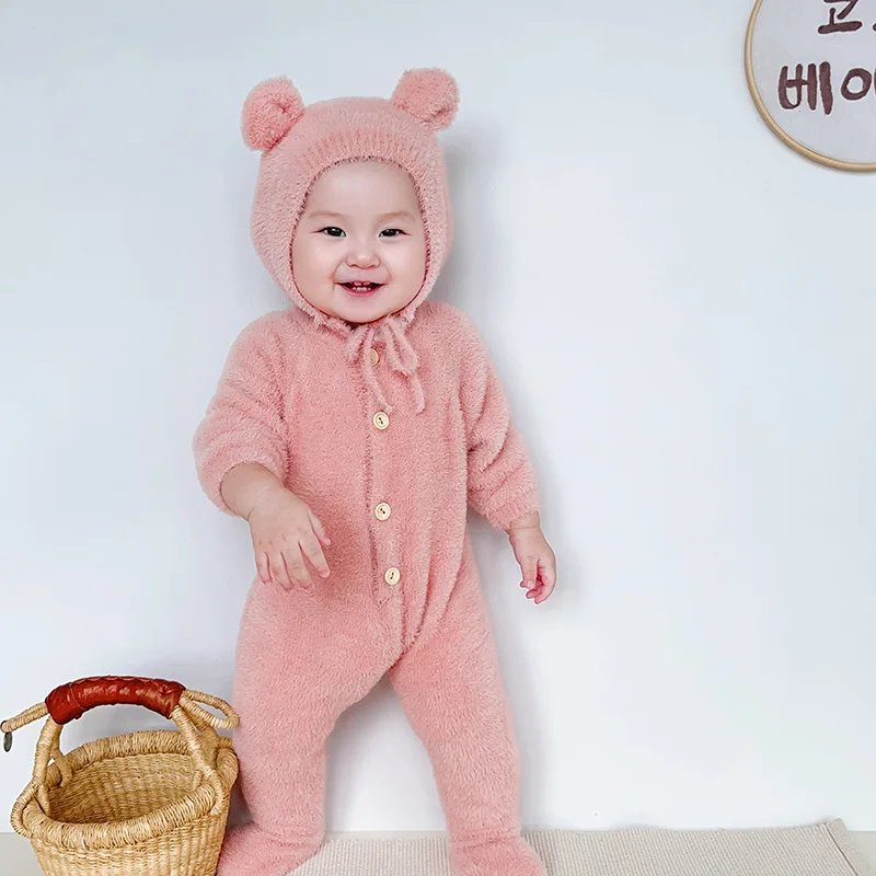 2 Stück Winter Baby Stram pler Hut Kunst pelz Fuß Neugeborenen Overalls für Mädchen Jungen Kleidung weich warm Kleinkind Outfit Set Kinder kleidung