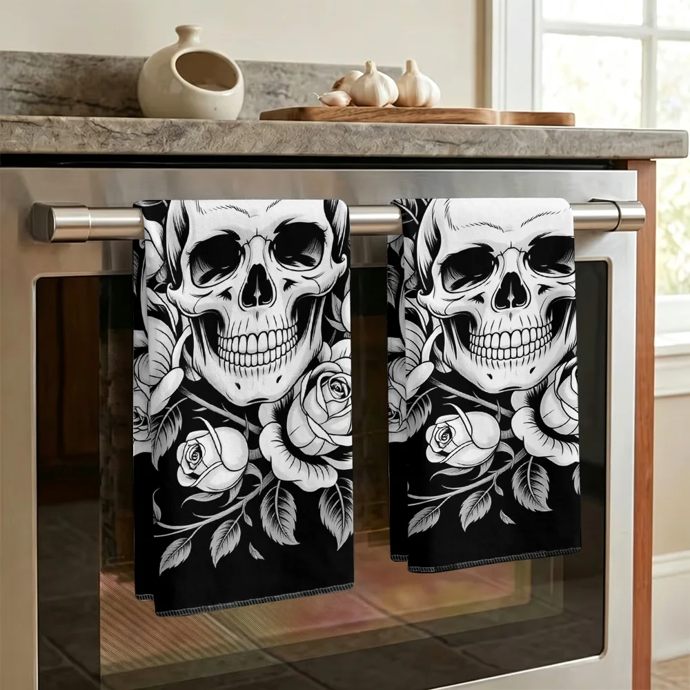1pc/2pcs Gothic Skull and Rose Pattern Kitchen Towel-Super absorbent, reusable polyester dishcloths perfect for home decor, cook