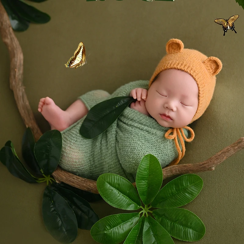 Newborn Baby Photography Accessories Forest Zoo Theme Baby Knitted Overalls + Hat Set Studio Photo Stretch Wrap Green Plant Prop