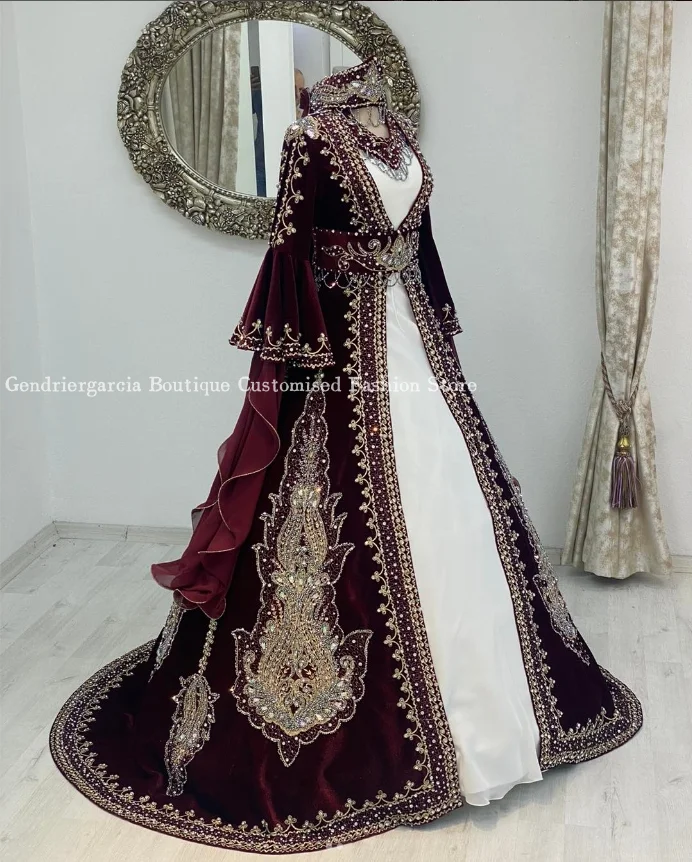 Exquisite Burgundy Middle East Evening Gowns Elegant Satin Formal Wedding Custom Long Kaftan Wedding Dresses فساتين سهره