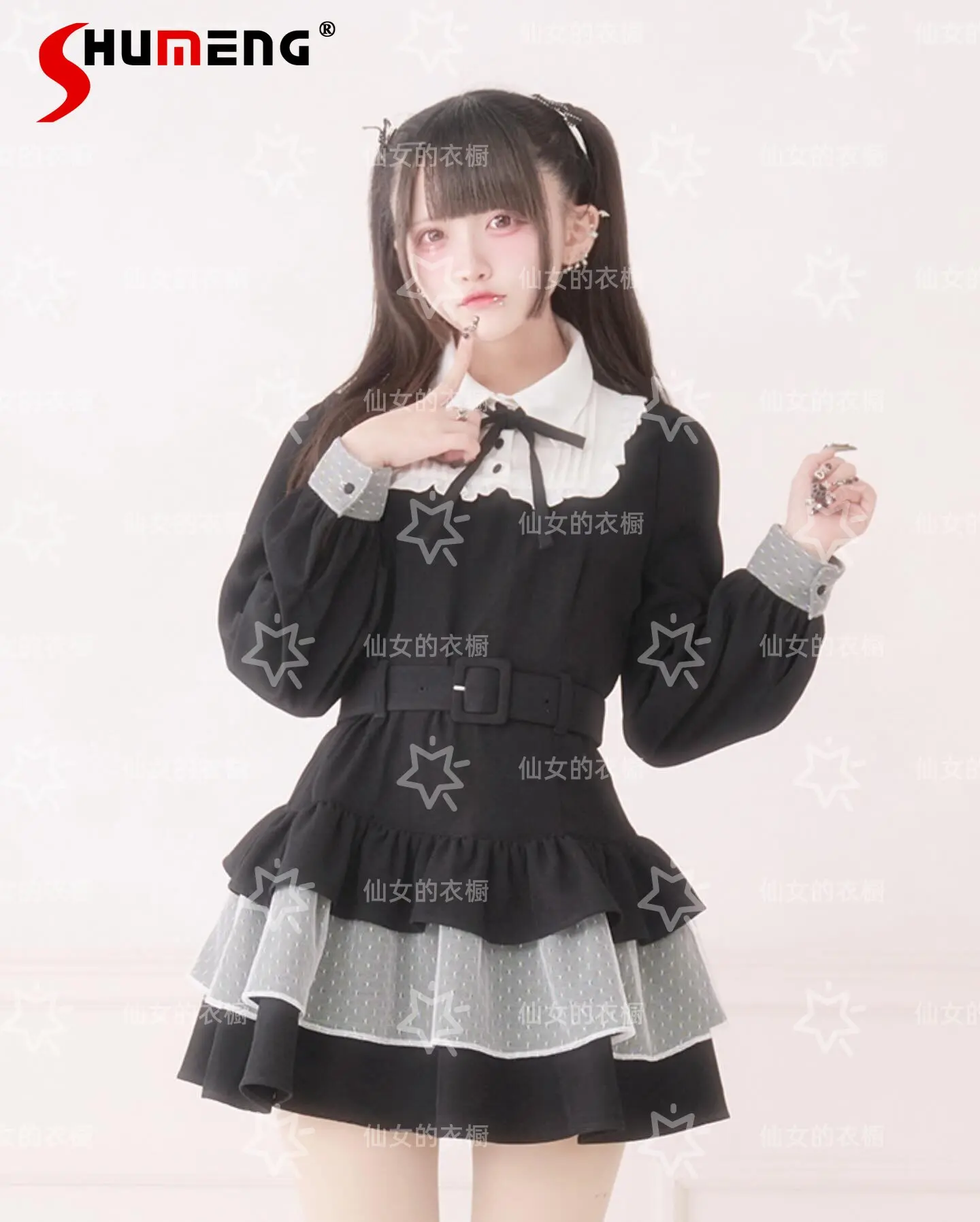 

Japanese Elegant Sweet Lace-up Bow Doll Collar Long Sleeve High Waist Belt Slim Ruffled Tiered Short Dress for Women Summer 2026