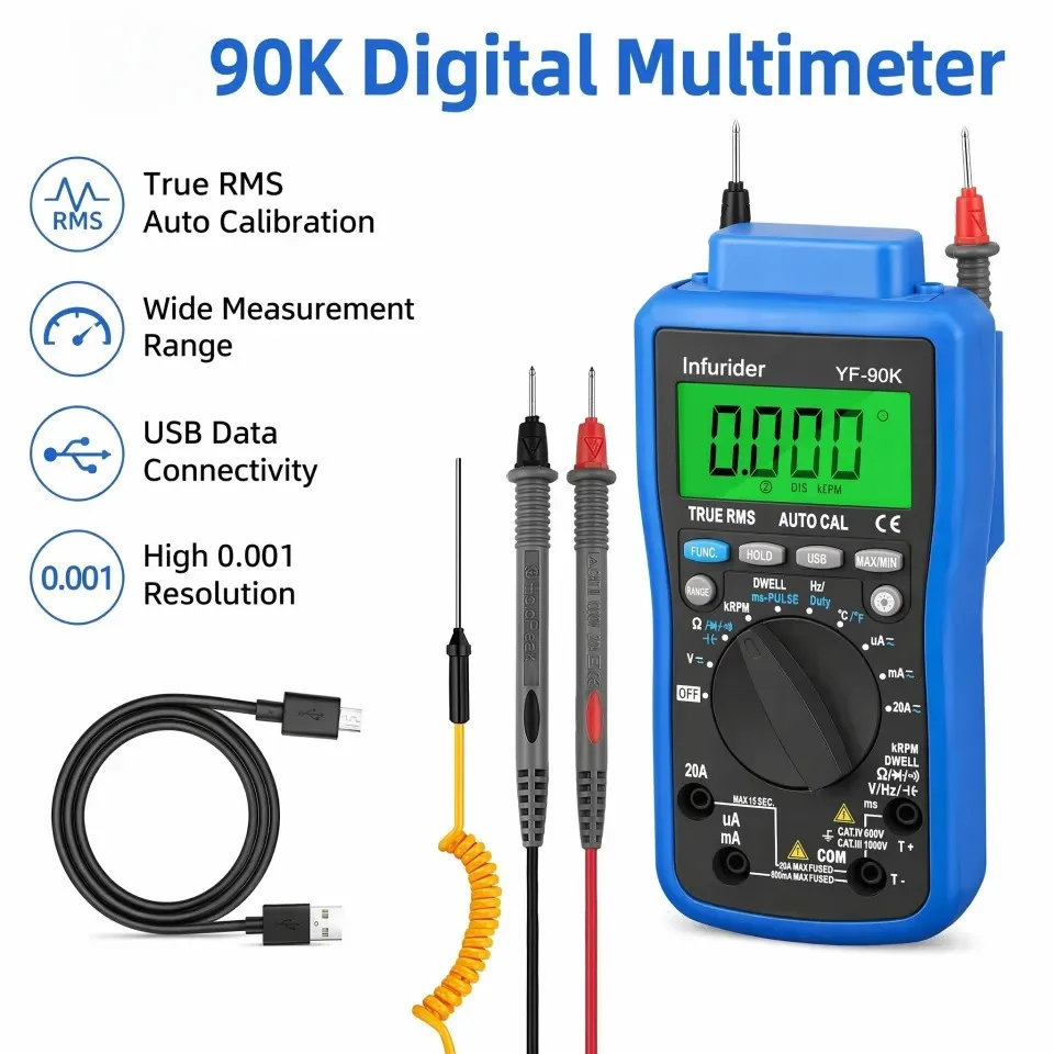 90K Automotive Multimeter 6000 Counts True RMS Digital Tester USB Data Logging 1000V AC/DC Current Resistance