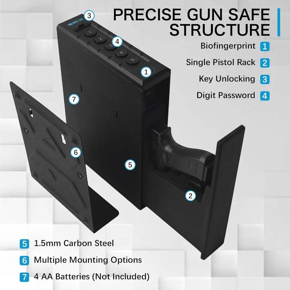 Slider Biometric Pistol Safe 3 Ways Quick Access with Fingerprint/Keypad/Key Lock for Nightstand Bed Desk