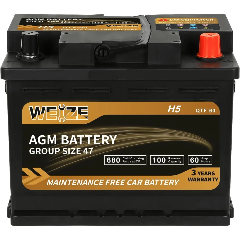 

Weize Platinum AGM Battery BCI Group 47-12v 60ah H5 Size 47 Automotive Battery, 100RC, 680CCA, 36 Months Warranty, Dimensions 9.