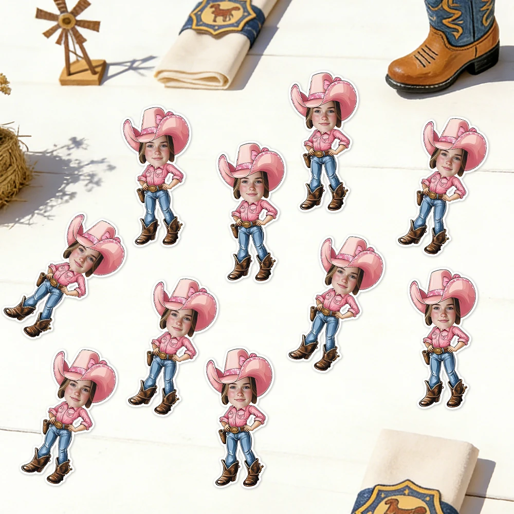 20 Stück personalisierte Aufkleber für Cowgirl-Geburtstagsfeiern, individuelles Gesichtsfoto, Aufkleber mit Cowgirl-Hut-Muster, Etiketten für Geburtstagsdekoration