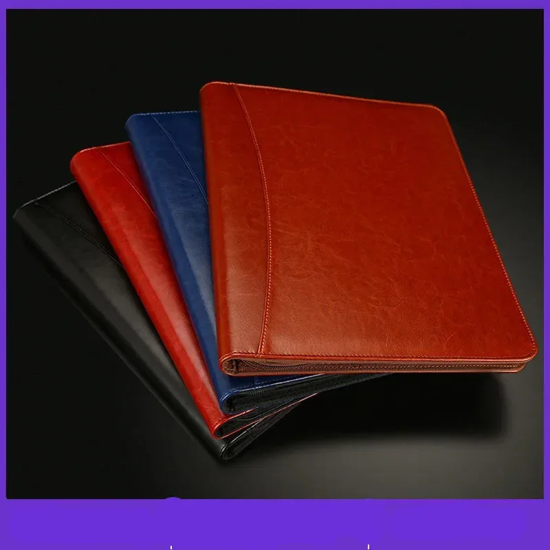 

A4 Leather Zipper Bag with Memo Pad 12 Digit Calculator Black Metal Pen Function Contract Business Office Folder