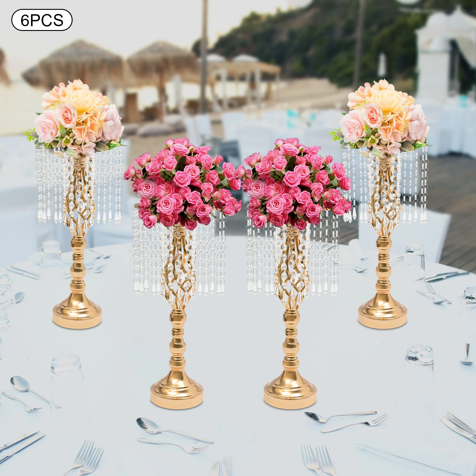 

6 Pieces 49cm Gold Crystal Vase Banquet Table Top Decorative Flower Base High Load-bearing Display Stand with Crystal Tassels