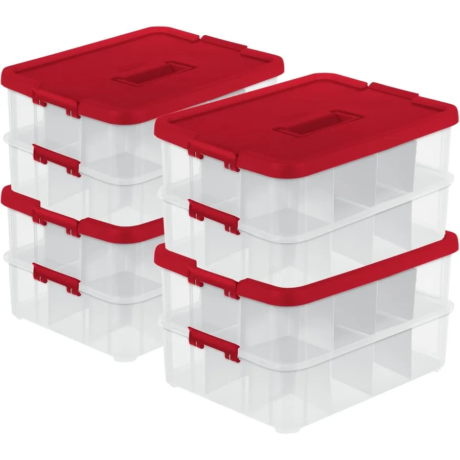 Stack and Carry Christmas Ornament Storage Box with Lids, 4-Pack