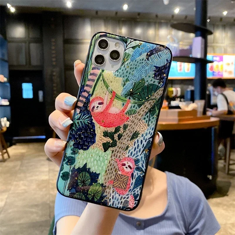 Chic Cute Cartoon Anime Sloth Leopard Silicone Phone Case For iPhone 16 15 14 13 12 11 Pro Max Plus Glitter Gold Foil Back Cover