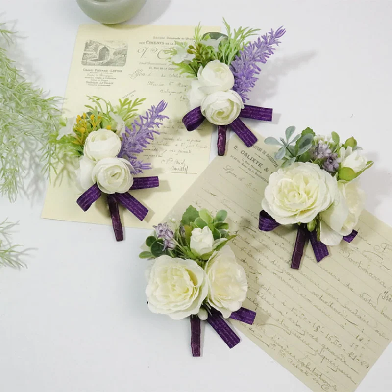 Roxo Flores Artificiais Boutoniere Wrist Corsage Handmade Homens Acessórios Do Casamento Noiva Flores