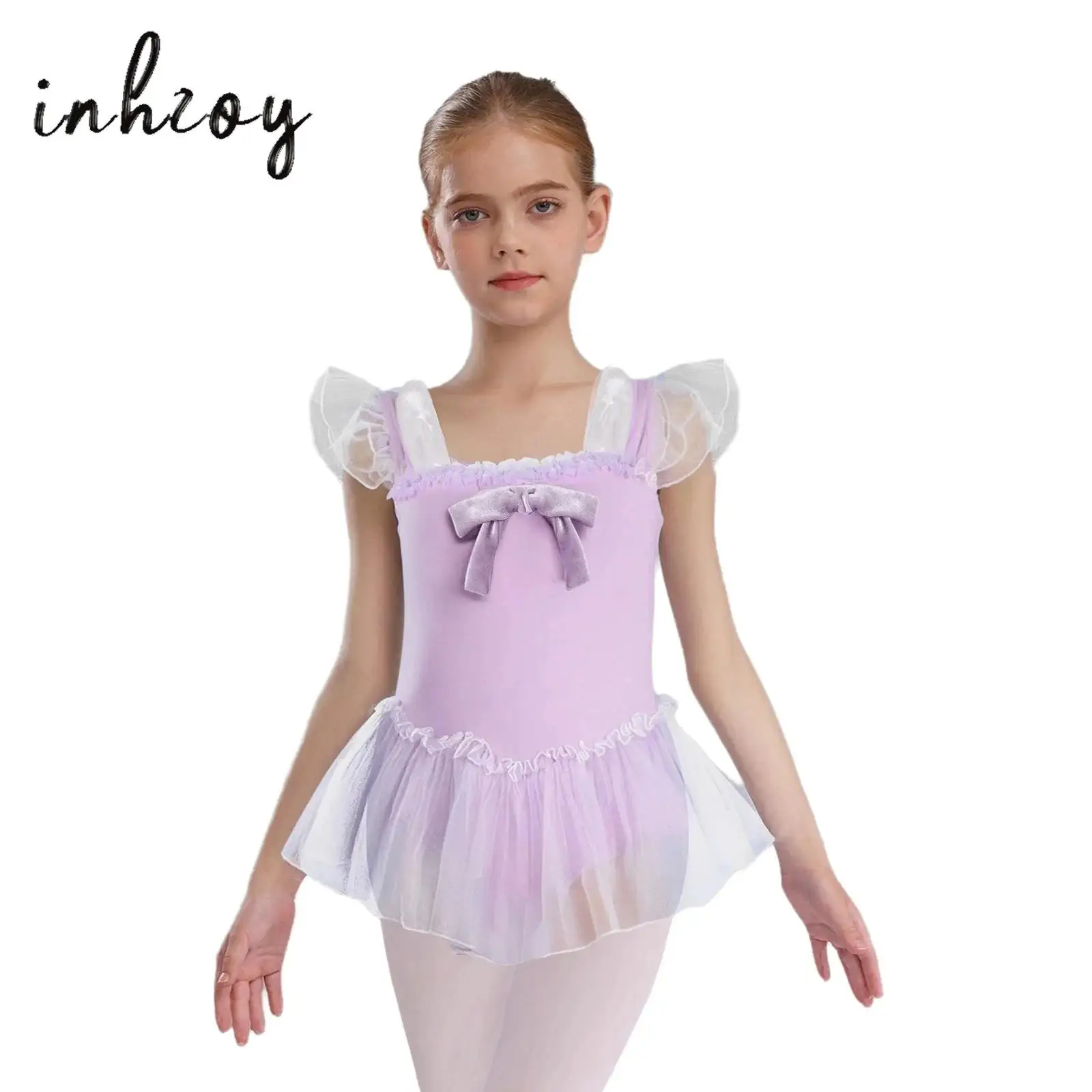 

Kids Girls Ballet Tutu Dress Velvet Bowknot Long/Ruffled Sleeve Square Neck Ballet Leotard Dress for Dance Practice Competition