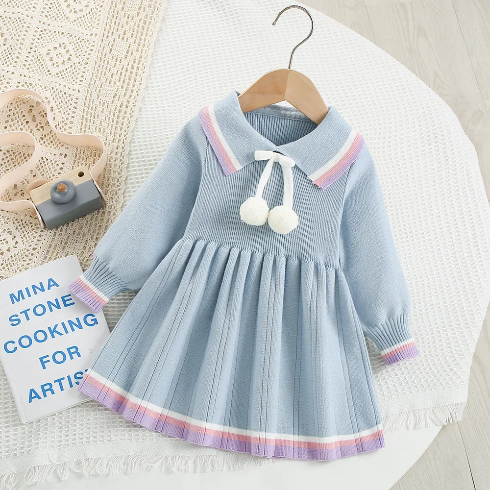 

Корейская свободная удобная детская одежда, осень-зима 2024, детское вязаное платье, милые цветные платья-свитера с бантом и лацканами для девочек