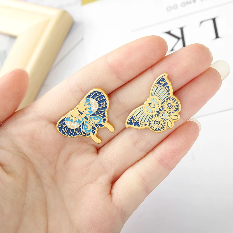 Butterfly Moth Enamel Pin Custom Insect Brooch Bag Clothes Lapel Pin Badge Punk Starry Blue Jewelry Gift for Kid Friends
