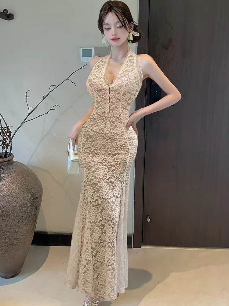 Sommer Schwarz Spitze Jacquard Diamanten Neck-montiert Sexy Lange Kleid Frauen Vintage Luxus Abendkleid 2025, Koreanische Bodycon Vestidos