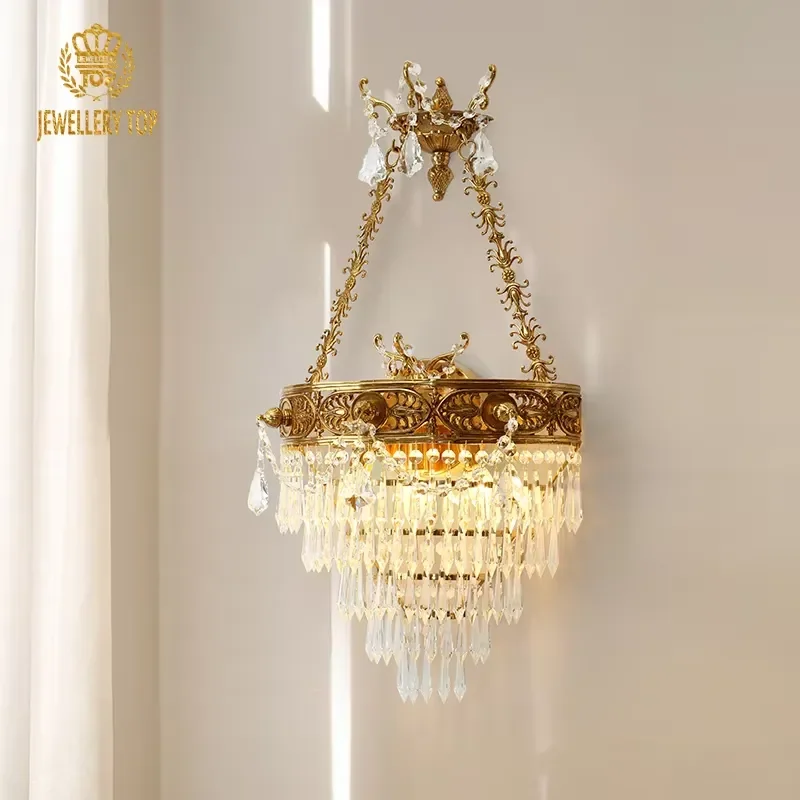 Jewellerytop New Design Midcentury Style LED Wall Sconce Light Living Room Study Crystal Decorative Brass Chain Wall Lamp