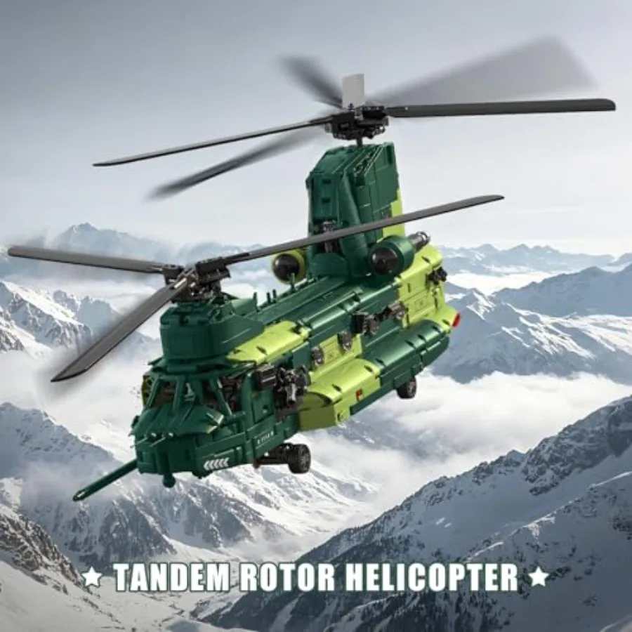 RC military helicopter building blocks set for indoor display, ABS plastic, matte black, remote-controlled tandem rotor with ro