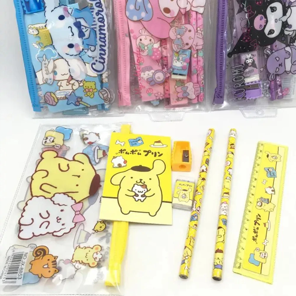 Anime Cinnamoroll Sanrioed Stationery Set Kawaii New Melody Kuromi Student Cartoon Pencil Eraser Ruler Pen Bag Storage Set Gift