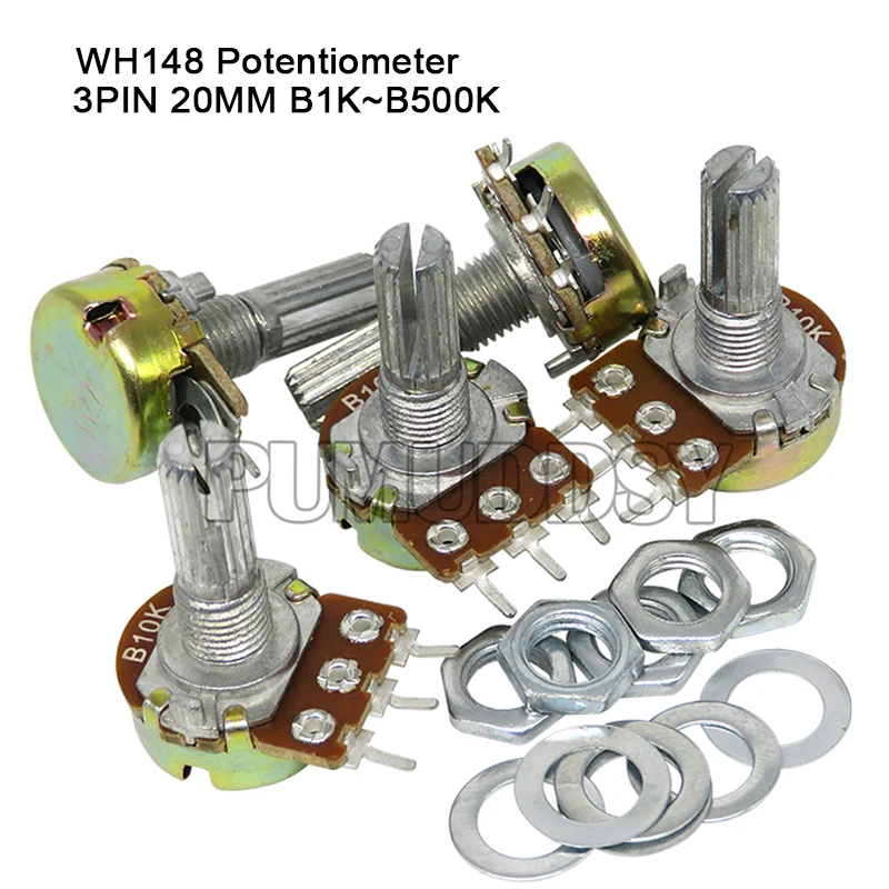 5PCS WH148 B1K B2K B5K B10K B20K B50K B100K B500K 3Pin 20mm Shaft Amplifier Dual Stereo Potentiometer 1K 2K 5K 10K 50K 100K 500K