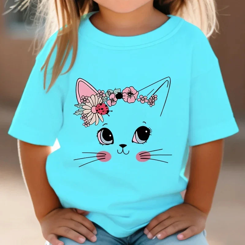 Summer Kids T Shirt Flower Cat Graphic Shirt Girls Floral Funny Tops White Short Sleeve Wild Tee Cute Animal Cartoon Cat T-shirt
