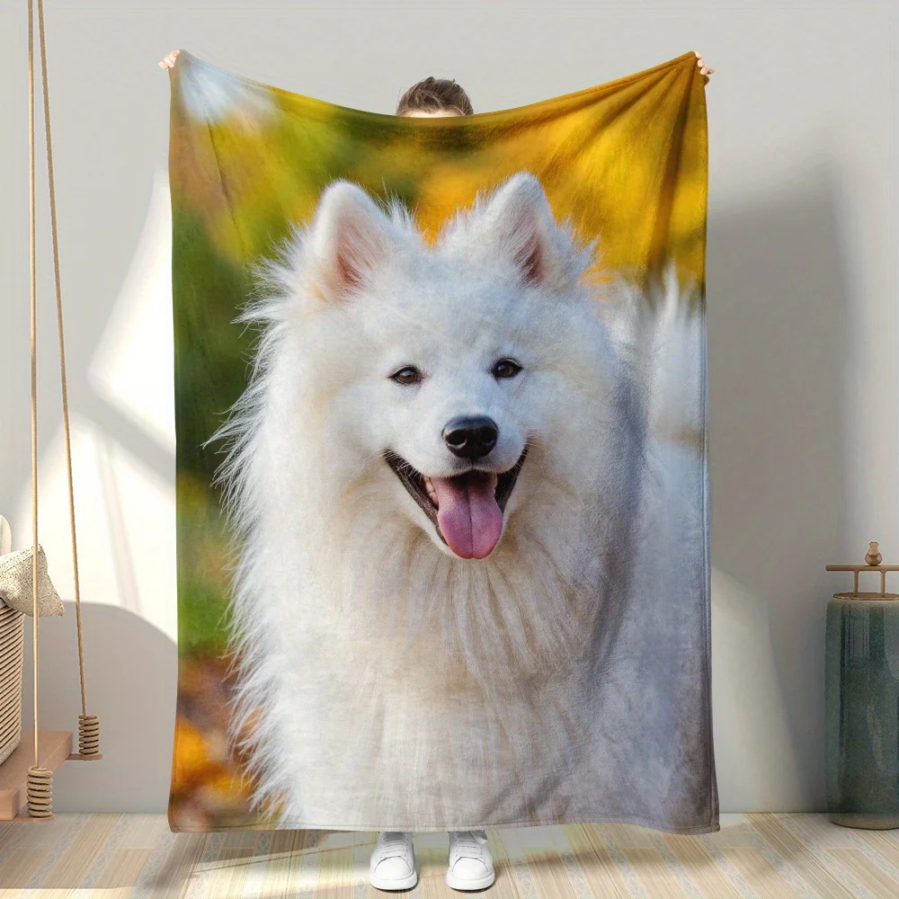 1pc Flannel Throw Blanket Featuring Fluffy White Samoyed Happy Dog Print, Ultra Soft and Lightweight for Office Use, Guest Stays, Reading on the Porch, Dorm Beds and Chilly Mornings with Coffee