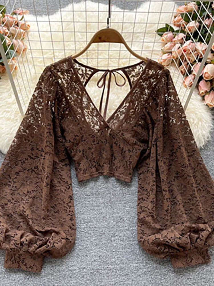 Sweet Memory Black/White/Brown Sexy Lace Blouse Women Elegant V-Neck Puff Long Sleeve Open Back Short Tops