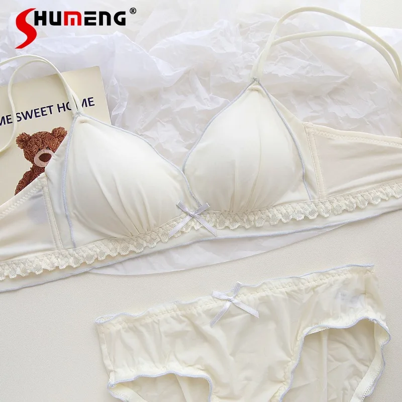 طقم حمالة صدر رافعة للصدر على الطراز الفرنسي للفتيات بأشرطة كتف مزدوجة ملابس داخلية قصيرة لاسلكية قابلة للتنفس للنساء #4