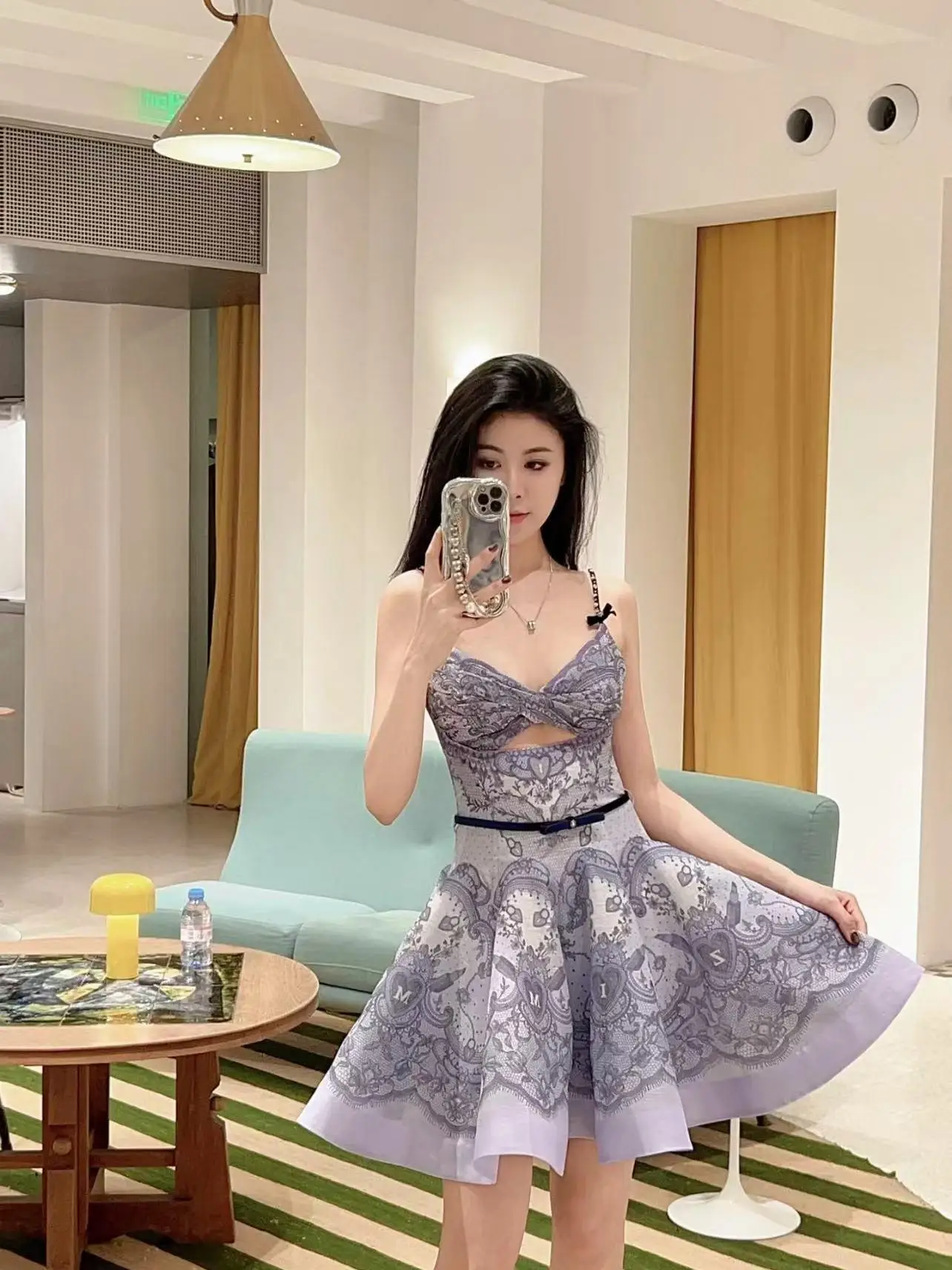 

Zhome Luxury Early Spring Vaion Fairy Princ Strapl Dr High Waist No Sve V Ne a Line Printed ort Skirt