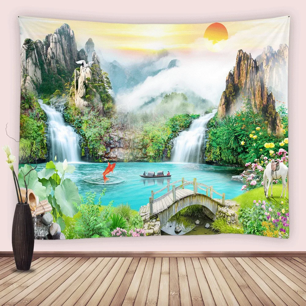 Landscape Waterfall Tapestry Wall Hanging Fabric Mountain Sun Lotus Flowers Wooden Bridge Tapestries Blanket Bedroom Home Decor