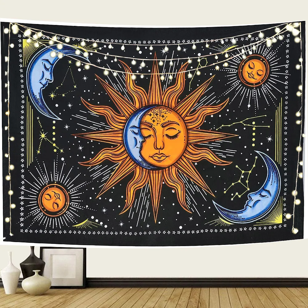 Sun and Moon Tapestry Mystic Fractal Faces Bohemian Psychedelic Star Constellation Wall Hanging for Living Room Bedroom Decor