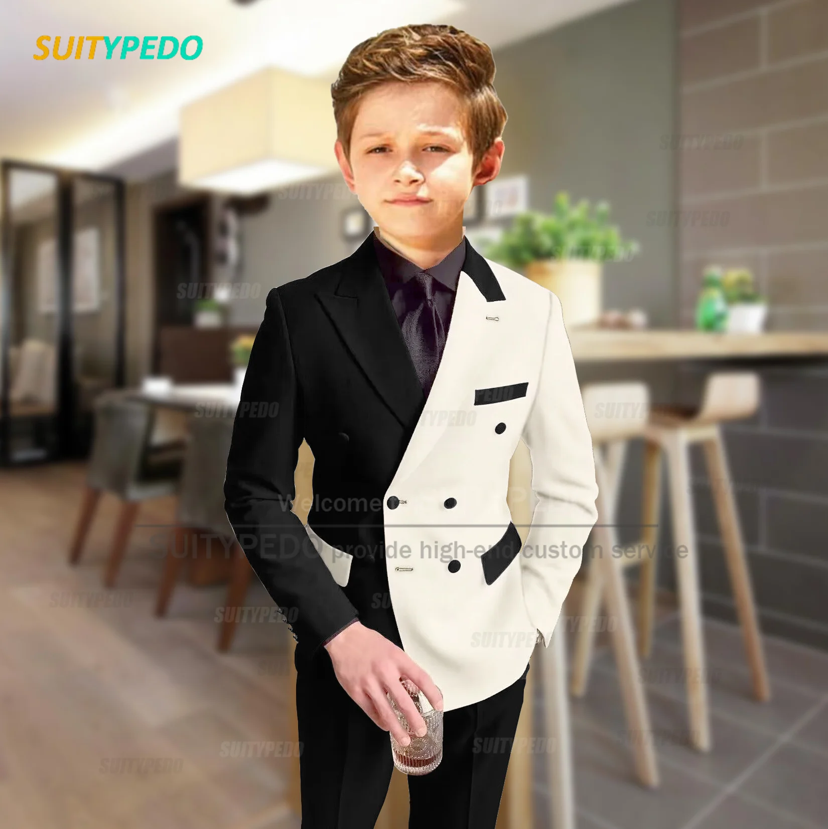 Fashion Ivory Beige Splicing Suits For Boys Birthday Party Tailor-made Slim Fit Outfits Piano Performance Formal Child Costumes