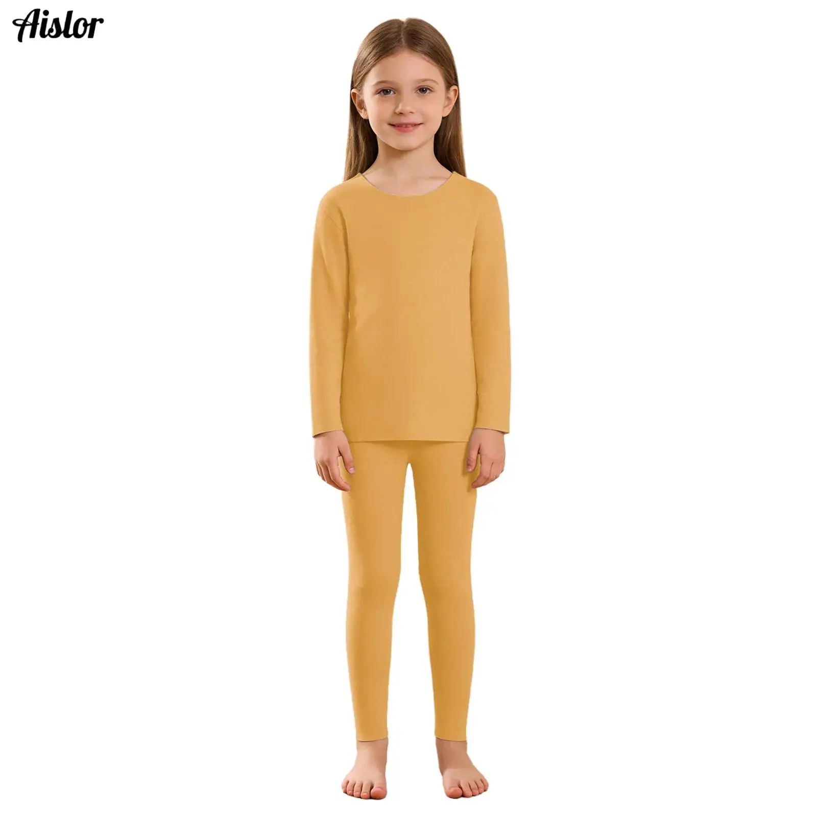 

Kids Boys Girls Fleece-Lined Thermal Underwear Set Nightwear Homerwear Round Neck Long Sleeve Top+Elastic Waistband Leggings Set